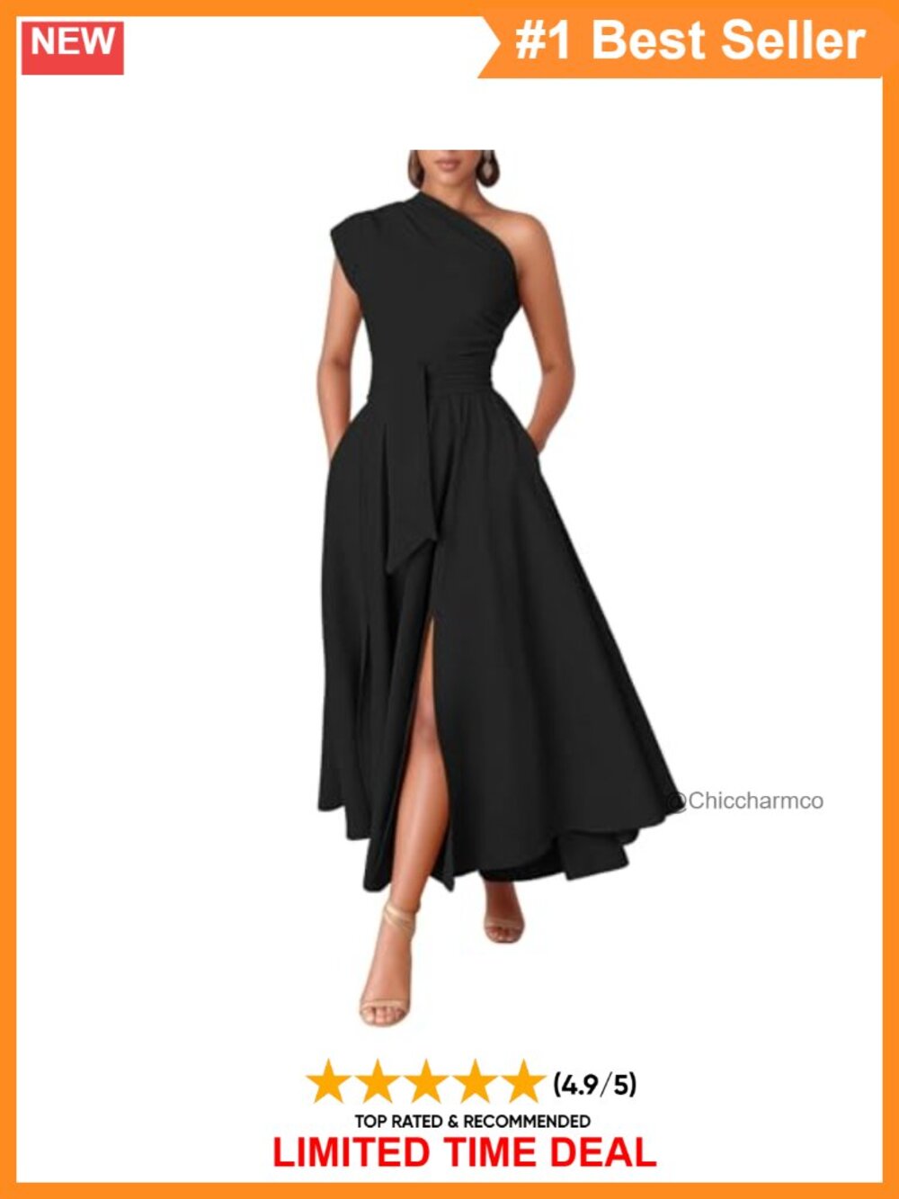 One Shoulder Asymmetrical A Line Maxi Dress with Slit and Waist Tie for Women